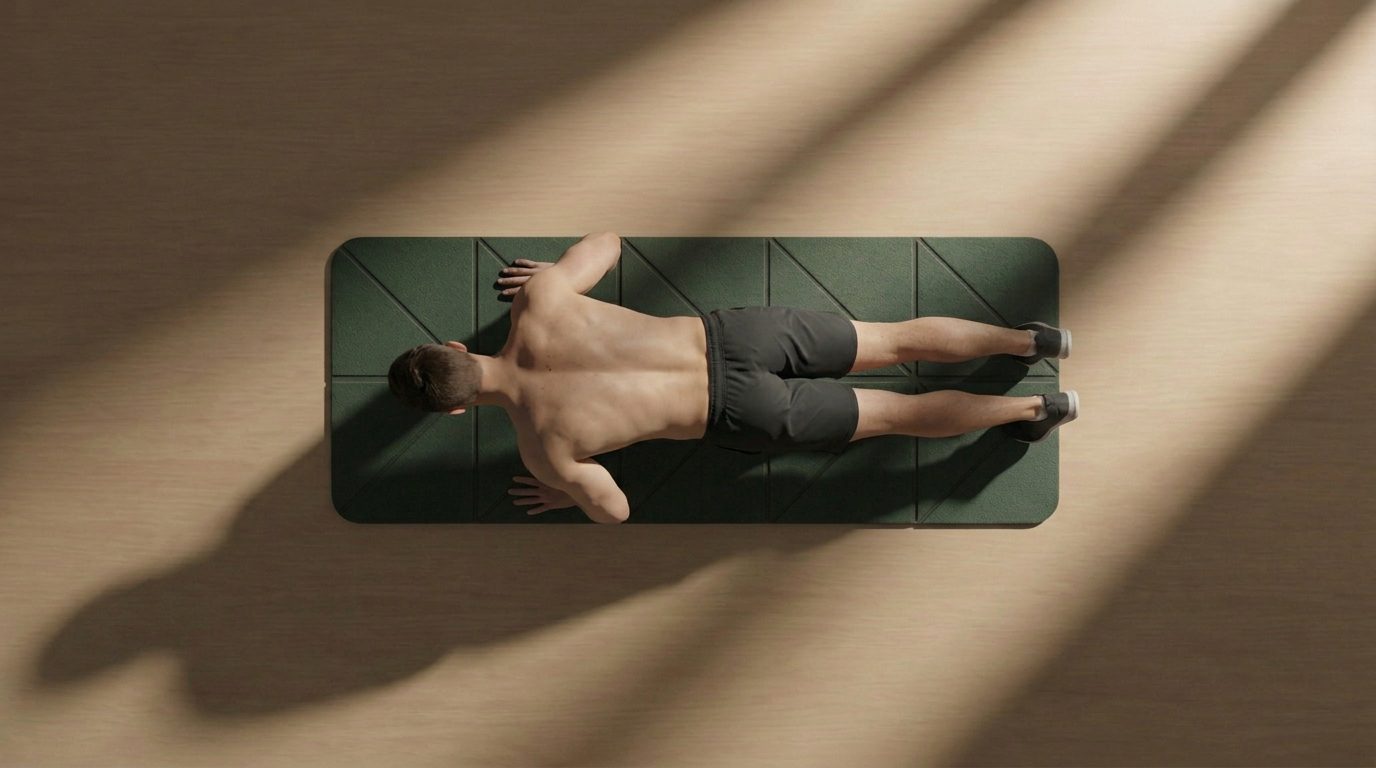 A man holding a plank on the AROVA mat in warm light